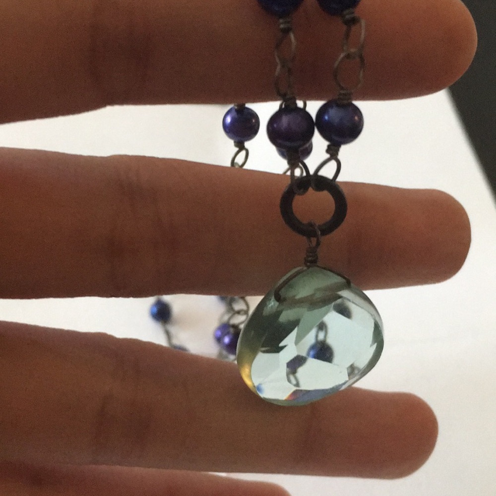 Handmade blue beaded wrapped wire pendant necklace - Picture 2 of 4